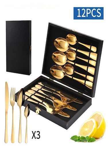 Stainless Steel Knife, Fork And Spoon Cutlery Set, Western Steak Knife And Fork Wooden Gift Box 12-Piece Set