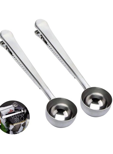 Scoop Clip Stainless Steel Tablespoon Coffee Spoon with Long Handle Multifunction Sealing Bag Clip for Tea, Coffee, Protein Powder, Instant Drinks, Kitchen Tools