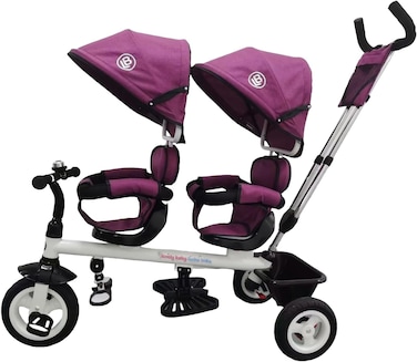 Lovely Baby 2-Seater Tricycle For Kids Lb 525Hc, Double Ride Trike, Twin Baby Carrier with Canopy, Rear Basket, Bell, Push Handle, Safe Toddler Riding Pedal Trike For Children Age 1-3 Years (Purple)