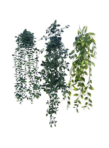 Beauenty 3 Pack Artificial Hanging Plants Fake Greenery, Plastic Faux Fern Vine, Ivy Vine, Eucalyptus Leaves in Pot for Home Office Indoor Outdoor Wall Shelf Room Decor Green
