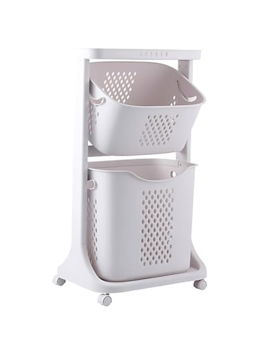 PROMISD Multipurpose 2 Layer Plastic Rolling Laundry Cart, Storage Trolley Basket, Detachable Layering with Pulley Design Laundry Sorter Hamper (2-Layer)