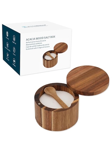 KITCHENDAO Acacia Wood Salt Cellar Bowl Box with Built-in Spoon to avoid Dust, Elegant Kitchen Salt Container Holder with Swivel Magnetic Lid to Storage Pepper Spice Bath Salt Sea Salt, 6OZ