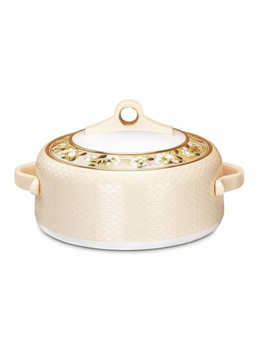 1500ml Stainless Steel Insulated Casserole Hotpot in Beige with Elegant Floral Design, Thermal Food Container Serving Dish with Comfortable Handles