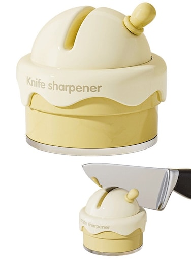 Cream Shaped Knife&amp;Scissor Sharpener with Non-Slip Base,Cream Yellow,Ceramic V-Groove,6.5x2.6 Inch,Portable Ceramic Wheels,Fast &amp; Easy Tool for Kitchen,Camping