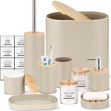 10 Piece Beige Bamboo Plastic Bathroom Accessories Set