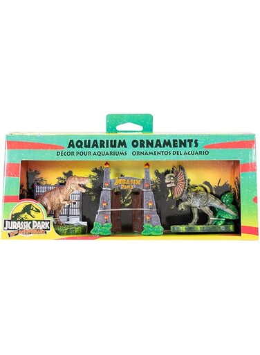Penn-Plax Jurassic Park Officially Licensed 3-Piece Aquarium Ornament Bundle &ndash; Includes T-Rex Park Gate, and Dilophosaurus Decorations &ndash; Small