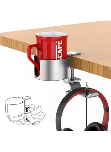 2 in 1 Desk Cup Holder with Rotatable Headphone Hanger, Anti-Spill Cup Holder for Desk or Table, Desk Cup Holder for Hold Coffee Mugs, Water Bottles, Headphones-Silver