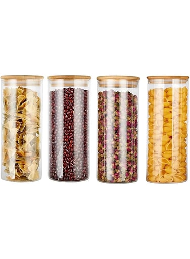 AKDC Set of 4 Round Glass Jar with Bamboo Lid, Kitchen Food Storage Containers Airtight Lids Cereals Canisters Jars for Pasta Spaghetti Tea Coffee Beans Candy Cookies Snacks (Medium - 1500ML)
