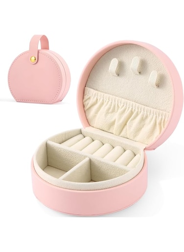 Tufexigo Portable Travel Mini Jewelry Box Small Jewelry Case Top Handle Jewelry Case Leather Jewellery Ring Organizer Case Girls Women Earring,Necklace,Rings,Bracelets(Pink)
