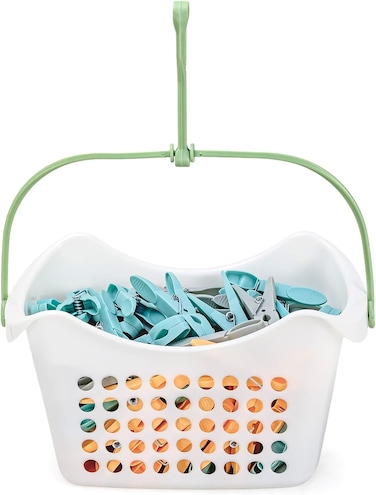 Mondex 90 pcs Heavy-Duty Clothes Pegs with Hanging Storage Basket &ndash; Anti-Slip Laundry Clips for Windy Weather &ndash; Multi Color