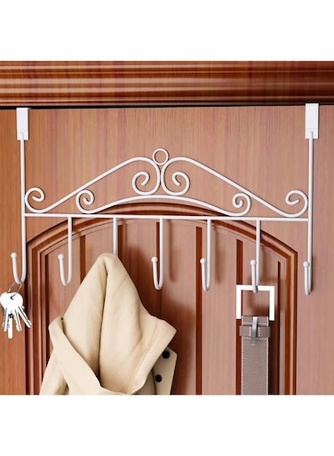 seven Over The Door Hook - 7 Hooks for Coat, Towel, Bag, and Robe Organization - White Door Hanger for Efficient Storage and Easy Access