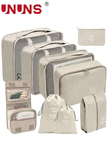 Travel Organizer Bags Set,9-Piece Packing Cubes Set With Foldable Toiletry Bag,Portable Travel Packing Pouches For Man And Women Travel,Beige