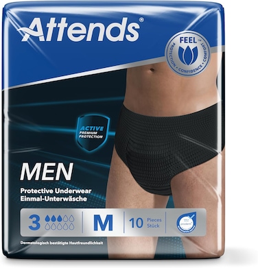 Attends Men 3 Protective Underwear Medium Size, With Active Zone, Quick Dry Technology, Odour Protection, 100% Breathable, Disposable, 10 Pieces