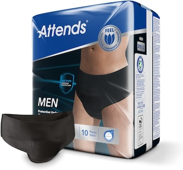 اتيندس ملابس داخلية واقية للرجال 3 - مقاس L، عبوة من 10 قطع، ملابس داخلية سوداء سرية لسلس البول الخفيف الى المتوسط، معتمدة من اطباء الجلد للبشرة الحساسة
