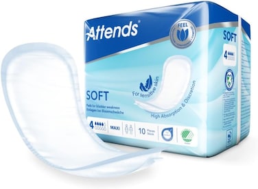 Attends Soft 4 Maxi Pads For Bladder Weakness, Silky Soft, Dry And Discreet, For Sensitive Skin, 10 Units