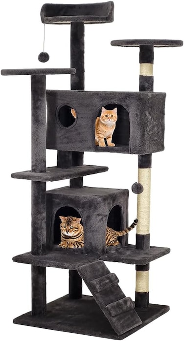 Cat tree with Multiple perches, Dangling ball, Sisal scratching post, Double condos, and Climbing ladder, Multi-level cat tree tower for indoor cats 132 cm (Black)