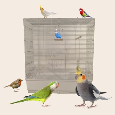 Bird Cage, Parrot cage, Food Box, Bird Metal Cage with Plastic base, Birds Village, entertaining cage, Birds House, Indoor use, Easy to Assemble, White color metal bars, 80 cm height