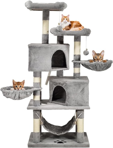Cat tree Multi-Level with Sisal Scratching Posts, Perches, Houses, Hammock and Baskets, Cat Tower Play House,Grey color cat tree (145cm)
