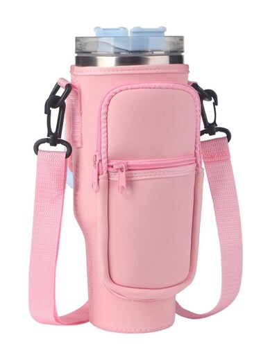 Water Bottle Carrier Bag for Stanley 40oz Tumbler, Water Bottle Holder with Pouch and Adjustable Strap, Sleeve Accessories with Pocket for 40oz Cup (Pink)