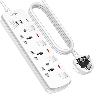 LENCENT Extension Lead with USB Slots, 3 Way Sockets Outlet Power Strips with 2 USB Ports, Universal Plug Adapter with 2M Extension Cord, Charging Station for Home, Office, Individually Switched
