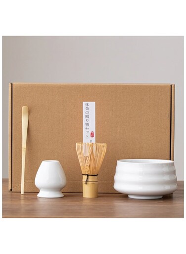 Matcha Whisk Set, 4 Piece Matcha Tea Set with Ceramic Bowl, Prong Bamboo Whisk, Whisk Holder and Traditional Scoop, Matcha Stirrer Set for a Traditional Cup of Matcha White
