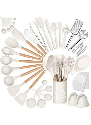 Kitchen Silicone 44 PCS Cooking Utensils Set, Kitchen Food-grade Non-Stick Heat Resistant Wooden Handle Gadgets Tools Set Cookware with Holder, Turner Spoon Brush Whisk Tongs Bucket &iuml;&frac14;&circ;Beige)