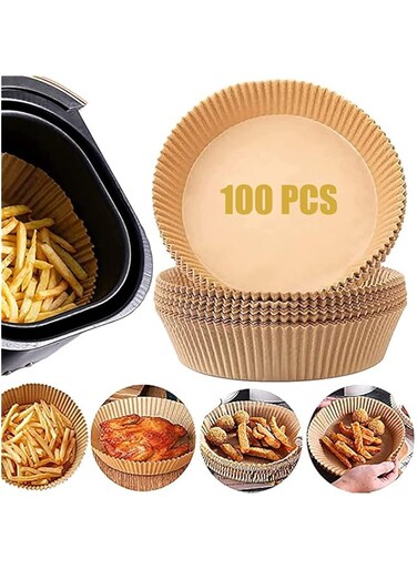 ECVV Air Fryer Disposable Paper Liner, 100PCS Non-stick Disposable Air Fryer Liners, Baking Paper for Air Fryer Oil-proof, Water-proof, Parchment for Baking Roasting Microwave 16CM (Natural-Brown)