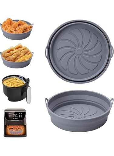 Reusable Air Fryer Silicone Liners, Foldable Basket Inserts for Airfryer Accessories, Versatile Round Baking Trays for Microwave, Oven, and Air Fryer Cooking, Non-Stick and Easy Clean (Grey)