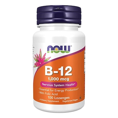 أقراص ناو ب-12 بتركيز 1000 ميكروجرام مع حمض الفوليك لإنتاج الطاقة وصحة الجهاز العصبي، عبوة من 100 قرص