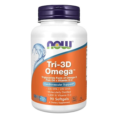 Now Tri-3D Omega 3 1000mg + 1000IU Vitamin D3 Fish Oil Supplement Softgels, Pack of 90&#39;s