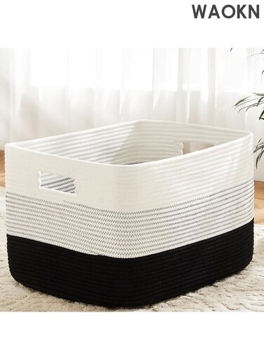 Blanket Basket , Rectangle Woven Baskets for Storage , 38*30*25CM , Laundry Basket for Decorative Nursery Blanket , Toys , Dirty Clothes and Magazine in Shelves , Baby Room , and Living Room , black .