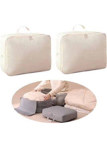 Space Saver Compression Bags,2PCS Travel Clothes Storage Bags for Down Coat,Cotton-padded Jacket Zipper Bag,Reusable Clothes Storage Organizer (Beige)