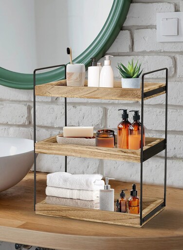 3-Tier Wooden Countertop Storage Shelf With Metal Handles - Bathroom/Kitchen/Bedroom Organizer