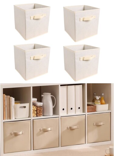 4PCS Storage Cubes Collapsible Storage Boxes with Handles Fabric Folding Boxes for Organisation Wardrobe Shelving Office Toys Durable Storage Boxes (Beige)