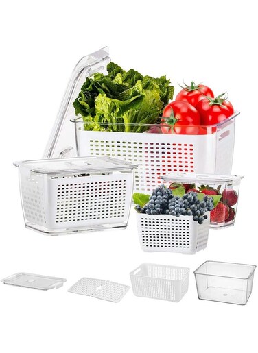 Fresh Produce Saver Veggie Fruit Storage Containers 6-in-1 for Refrigerator 3 Pack Fridge Food Storage Container Set with Lids Draining Crisper Strainers Fruit Vegetable Fresh-keeping Box 0.5L 1.7L 4L