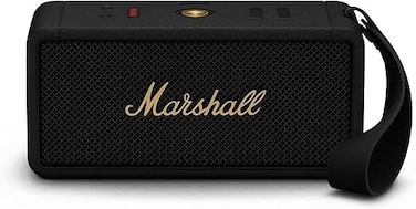 Marshall Middleton Wireless Speaker, Vintage Design, Bluetooth 5.0, Up to 20H Playtime, Rich 360&deg; Sound, Built-In Mic, Durable Metal Wood Build, Compact Portable, Black Brass
