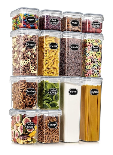 14-Piece BPA Free Airtight Food Storage and Pantry Organizer Set Plastic Kitchen Storage Containers for Cereal Flour Sugar Pasta Snacks and Meal Prep with Labels &amp; Marker