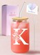Birthday Gifts for Ladies, Monogrammed Initial Glass Cup Personalized Gifts for Women, 16oz Glass Cups with Lids and Straws, Iced Coffee Cup - Gifts for Birthday,K