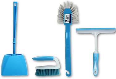 Clean &amp; Care Cleaning Set Toilet Brush, Scrubbing Brush, Dish Brush and Wiper Squeezee Bathroom Floor Cleaning