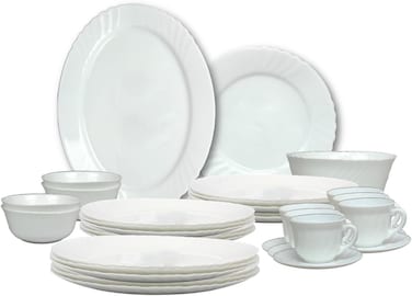Melrich 38 Pcs Opal ware Dinner Set 6 Dinner Plate 6 Dessert Plate 6 Soup Plate 6 Bowls 6+6 Cup &amp; Saucer 1 Oval Plate 1 Serving Bowl Dishwasher Microwave Safe