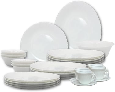 Melrich 38 Piece Opal ware Dinner Set 6 Dinner Plate 6 Dessert Plate 6 Soup Plate 6 Bowls 1 Serving Bowl 1 Serving Plate 6+6 Cup and Saucer Dishwasher Safe