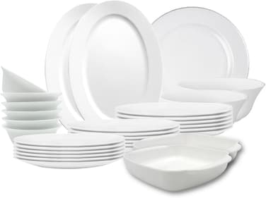 Melrich 38 Pcs Opal ware Dinner Set Dishwasher safe Microwave safe Freezer safe 8 Dinner plate 8 Dessert plate 8 Soup plate 8 bowl 2 Large bowl 2 Serving plate 2 Grill tray BPA free