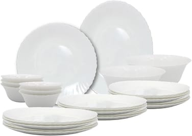 Melrich 27 Piece Opal ware Dinner Set 6 Dinner set, 6 Dessert Plate, 6 Soup Plate, 6 Soup Bowl, 1 Serving Plate, 1 Serving Bowl, 1 Medium Bowl Dishwasher Safe Microwave Safe