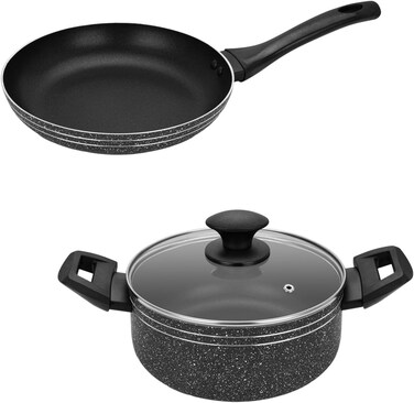 Auroware Non Stick Pack of 2 Frying Pan and Casserole with Lid Pressed Aluminium Dishwasher Safe, Strong and Durable PFOA Free frypan