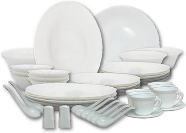 Melrich 50 Piece Opalware Dinnerware Set 6 Dinner plate 6 Dessert Plate 6 Soup Plate 6 Bowl 6+6 Cup &amp; Saucer 6 Soup spoon 2 Shaker 2 Curry Ladle 2 Curry Bowl 1 Serving Plate 1 Serving Bowl