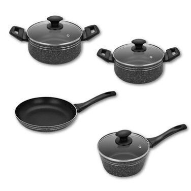 Auroware 7 Pcs Non Stick Cooking Pots and Pan Set Pressed Aluminium Kitchen Cookware PFOA Free 2 Casserole and 1 Saucepan with Lid 1 Frying pan