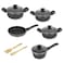 Auroware 11 Pcs Non Stick Cooking Pots and Pan Set Pressed Aluminium Kitchen Cookware PFOA Free 3 Casserole and 1 Saucepan with Lid 1 Frying pan 2 Kitchen Utensils
