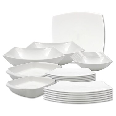 Melrich 28 Pcs Opal ware Dinner set 8 Dinner plate, 8 Dessert plate, 8 Bowl, 1 Serving plate, 1 Serving Bowl 1 Chicken &amp; 1 Fish Grill Tray Dishwasher Microwave Safe