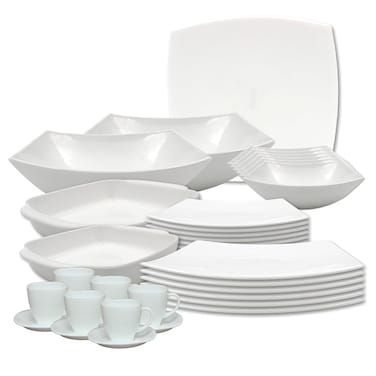 Melrich 34 Pcs Opal ware Dinner set 6 Dinner plate, 6 Dessert plate, 6 Bowl, 1 Serving plate, 1 Serving Bowl 2 Chicken &amp; Fish Grill Tray 6+6 Cup &amp; Saucer Dishwasher Microwave Safe