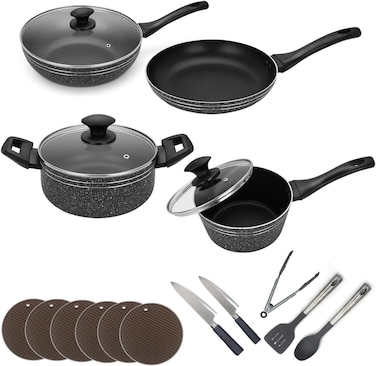 Auroware 18 Piece Non Stick Cookware Ser Induction Bottom PFOA Free Frying pan Casserole with Lid Sauce Pan with Lid Wok pan with Lid Table Mat Knife Kitchen Utensils